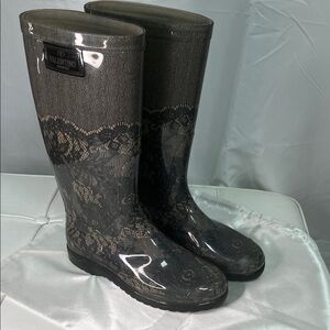Valentino Garavani Black Lace-Print Tall Rain Boots